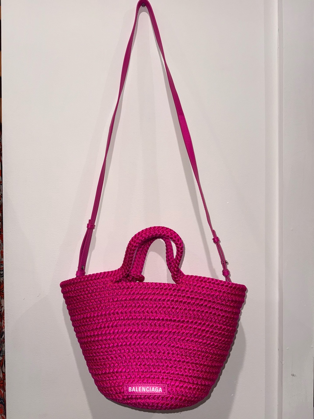 BALENCIAGA Ibiza Basket Tote Bag Pink Woven Rope Crossbody Shoulder Handbag